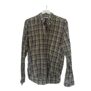 Gustin Men's Plaid Long Sleeve Button Down Shirt Green Brown Cotton Shirt Medium